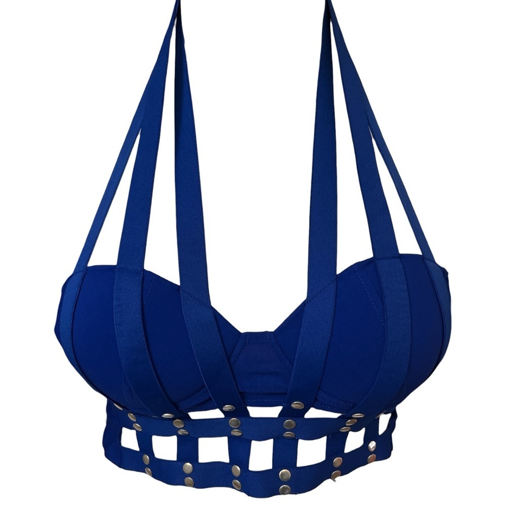 Strappy Blue Cage Bra Crop Top with Silver Studs and Zip Back NWT